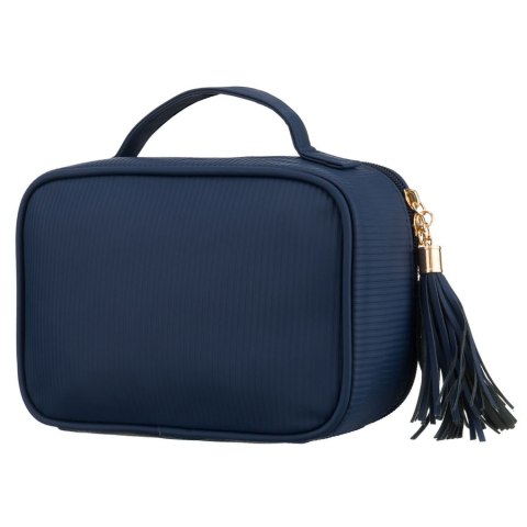 Granatowa kosmetyczka z tkaniny syntetycznej wyposażona w cztery przegródki, jednokomorowa - Peterson