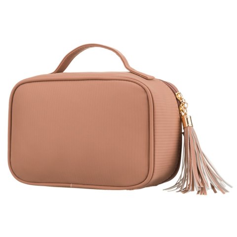 Jednokomorowa kosmetyczka z tkaniny syntetycznej w beżowym kolorze wyposażona praktyczny uchwyt - Peterson