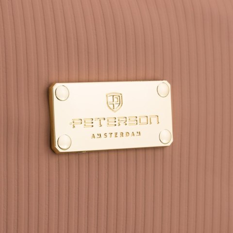 Jednokomorowa kosmetyczka z tkaniny syntetycznej w beżowym kolorze wyposażona praktyczny uchwyt - Peterson