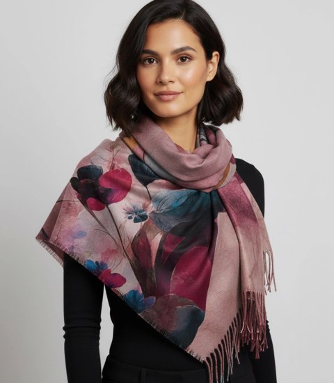 Kwadratowa chusta szal damski z frędzlami AGRAFKA (Czerwony)