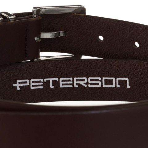 Ciemnobrązowy, wąski pasek damski ze skóry ekologicznej ze srebrną klamrą - Peterson