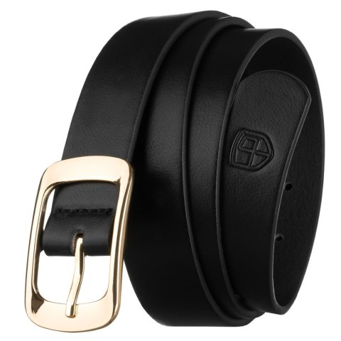 Czarny, wąski pasek damski ze skóry ekologicznej ze złotą klamrą - Peterson