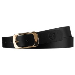 Czarny, wąski pasek damski ze skóry ekologicznej ze złotą klamrą - Peterson