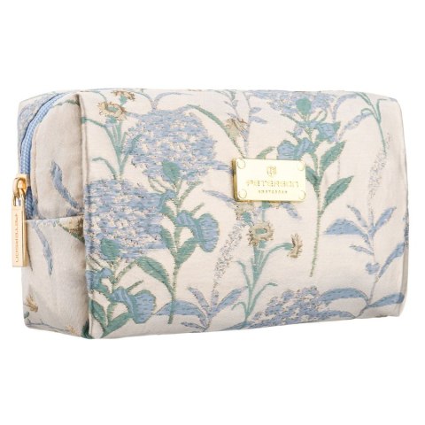Kosmetyczka z poliestru w błękitnym kolorze, jednokomorowa i ozdobiona kwiatowym wzorem - Peterson