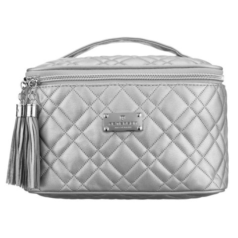 Pikowana kosmetyczka z tkaniny syntetycznej w srebrnym kolorze zamykana suwakiem - Peterson