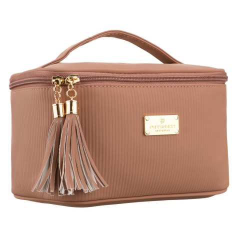 Praktyczna kosmetyczka z tkaniny syntetycznej w beżowym kolorze, jednokomorowa - Peterson