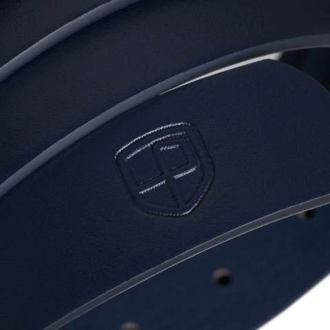 Wąski pasek damski ze skóry ekologicznej w granatowym kolorze ze złotą klamrą - Peterson