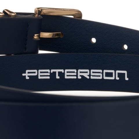 Wąski pasek damski ze skóry ekologicznej w granatowym kolorze ze złotą klamrą - Peterson