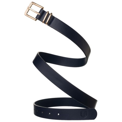 Wąski pasek damski ze skóry ekologicznej w granatowym kolorze ze złotą klamrą - Peterson