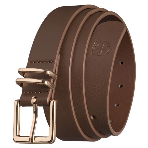 Wąski pasek damski ze skóry ekologicznej w kolorze khaki ze złotą klamrą - Peterson