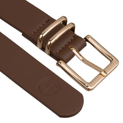 Wąski pasek damski ze skóry ekologicznej w kolorze khaki ze złotą klamrą - Peterson