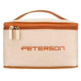 Beżowo-brązowa kosmetyczka z tkaniny syntetycznej wyposażona w uchwyt, zamykana suwakiem - Peterson