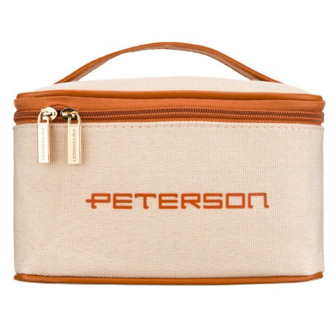 Beżowo-brązowa kosmetyczka z tkaniny syntetycznej wyposażona w uchwyt, zamykana suwakiem - Peterson
