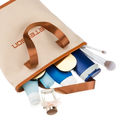 Beżowo-brązowa kosmetyczka z tkaniny syntetycznej zamykana suwakiem - Peterson