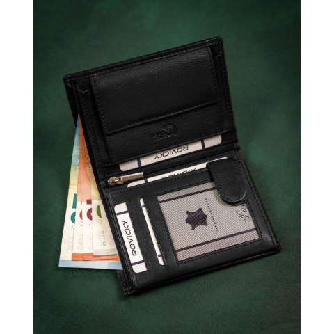Duży, skórzany portfel męski w czarnym kolorze wyposażony w system RFID - Rovicky