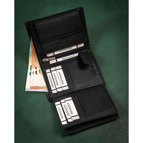Duży, skórzany portfel męski w czarnym kolorze wyposażony w system RFID - Rovicky