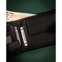 Duży, skórzany portfel męski w czarnym kolorze wyposażony w system RFID, zamykany zatrzaskiem - Rovicky