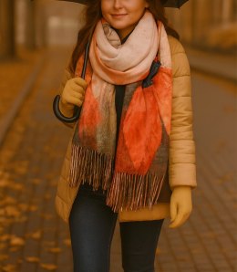 Kwadratowa chusta szal damski z frędzlami AGRAFKA (Wielokolorowy || Pomarańczowy)