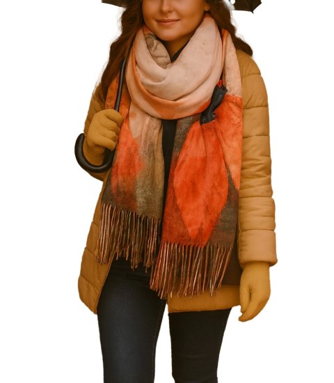 Kwadratowa chusta szal damski z frędzlami AGRAFKA (Wielokolorowy || Pomarańczowy)