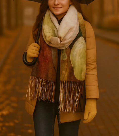 Kwadratowa chusta szal damski z frędzlami AGRAFKA (Wielokolorowy || Zielony)