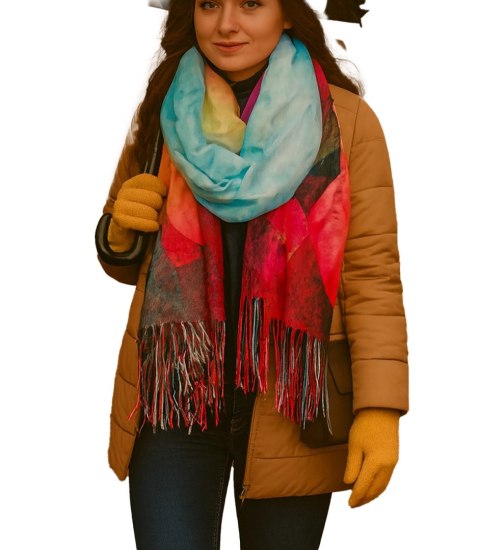 Kwadratowa chusta szal damski z frędzlami AGRAFKA (Wielokolorowy)