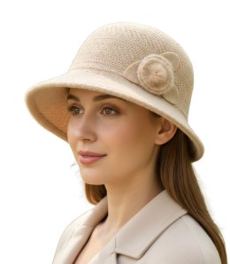 Kapelusz damski cloche naszywka kwiat (Beżowy)