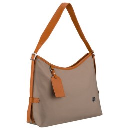 Beżowa listonoszka damska z poliestru i skóry ekologicznej wyposażona w kieszonkę zewnętrzną - Peterson