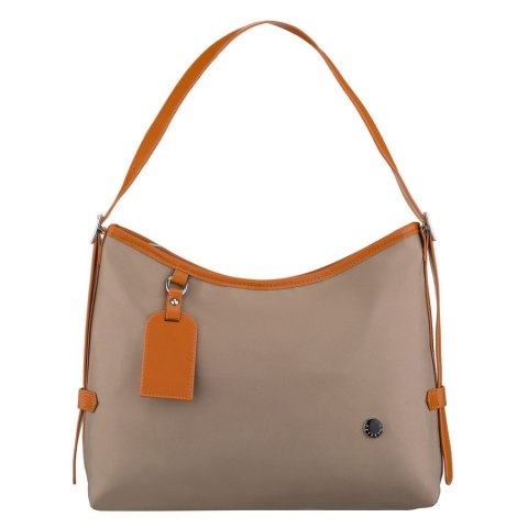 Beżowa listonoszka damska z poliestru i skóry ekologicznej wyposażona w kieszonkę zewnętrzną - Peterson