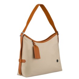 Beżowa torebka damska z poliestru i skóry ekologicznej wyposażona w kieszonkę zewnętrzną - Peterson