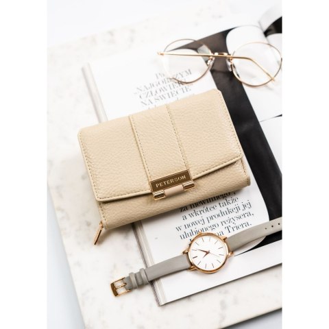 Beżowy portfel damski wykonany ze skóry ekologicznej o groszkowej fakturze, zamykany zatrzaskiem - Peterson