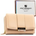 Beżowy portfel damski wykonany ze skóry ekologicznej o lekko prążkowanej fakturze, zamykany zatrzaskiem - Peterson
