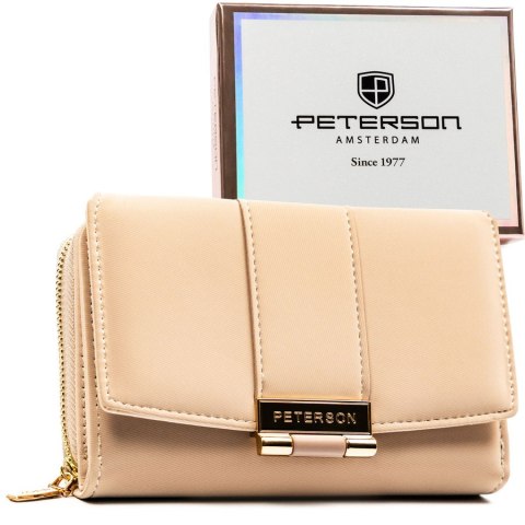 Beżowy portfel damski wykonany ze skóry ekologicznej o lekko prążkowanej fakturze, zamykany zatrzaskiem - Peterson