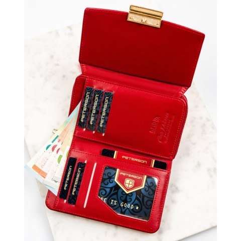 Bordowy, poziomy portfel damski wykonany z lakierowanej skóry ekologicznej - Peterson