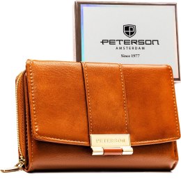 Brązowy portfel damski wykonany ze skóry ekologicznej i zamykany na zatrzask - Peterson