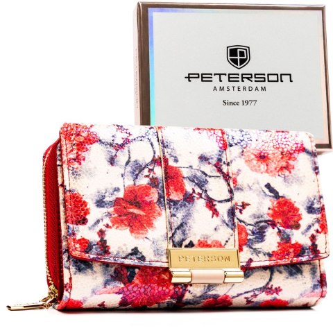 Wielokolorowy portfel damski wykonany ze skóry ekologicznej, ozdobiony kwiatowym wzorem - Peterson