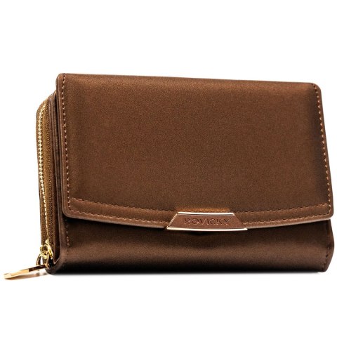 Brązowy portfel damski ze skóry ekologicznej wyposażony w system RFID - Rovicky