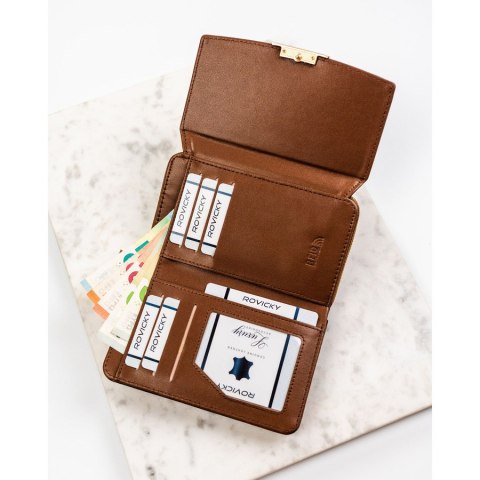 Brązowy portfel damski ze skóry ekologicznej wyposażony w system RFID - Rovicky