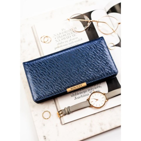 Granatowy portfel damski ze skóry ekologicznej wyposażony w system RFID - Rovicky