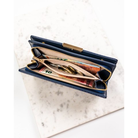 Granatowy portfel damski ze skóry ekologicznej wyposażony w system RFID - Rovicky