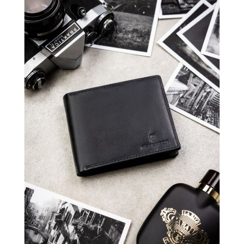 Duży portfel męski ze skóry naturalnej w czarnym kolorze wyposażony w system RFID - Peterson