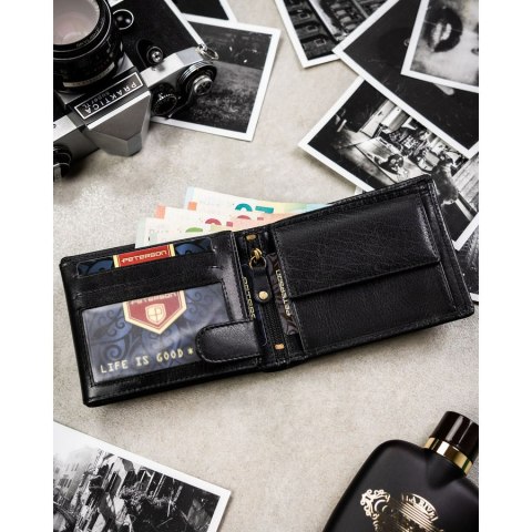 Duży portfel męski ze skóry naturalnej w czarnym kolorze wyposażony w system RFID - Peterson