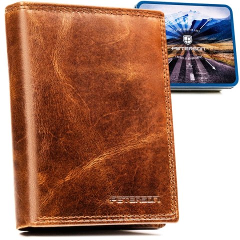 Pionowy, skórzany portfel męski w brązowym kolorze bez zapięcia zewnętrznego - Peterson