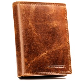 Pionowy, skórzany portfel męski w brązowym kolorze bez zapięcia zewnętrznego - Peterson